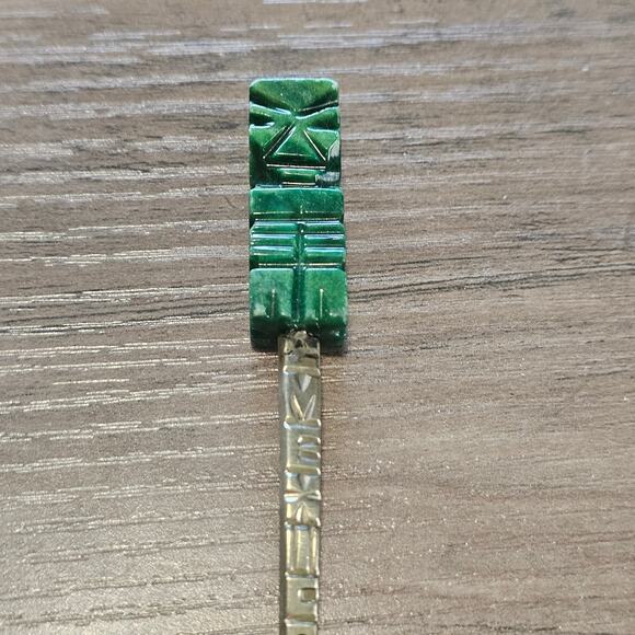 Vintage Alpaca Silver Mayan Calendar Spoon with Carved Jade Tone Handle - Picture 2 of 8
